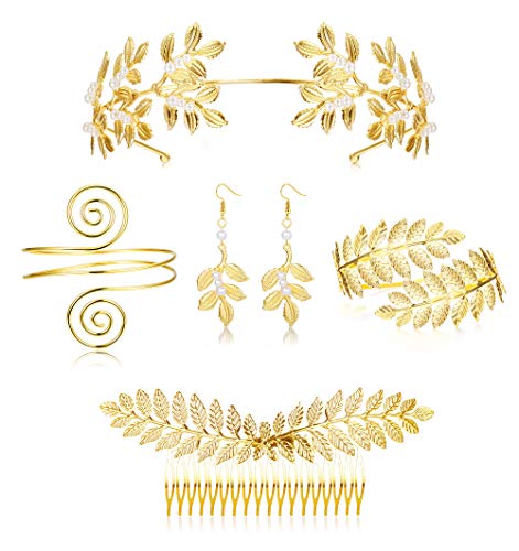 LOYALLOOK 5Sets Grecian Goddess Costume Accessories Set Greek Leaf Headband Coil Bracelet Artificial Pearl Earrings Golden Leaves Bridal Hair Comb for Women Wedding Party - Image 1