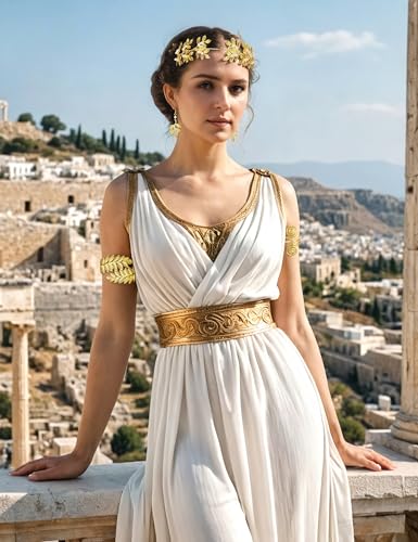 LOYALLOOK 5Sets Grecian Goddess Costume Accessories Set Greek Leaf Headband Coil Bracelet Artificial Pearl Earrings Golden Leaves Bridal Hair Comb for Women Wedding Party - Image 4
