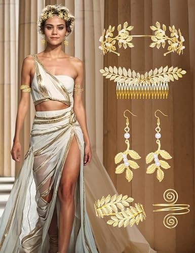 LOYALLOOK 5Sets Grecian Goddess Costume Accessories Set Greek Leaf Headband Coil Bracelet Artificial Pearl Earrings Golden Leaves Bridal Hair Comb for Women Wedding Party - Image 3