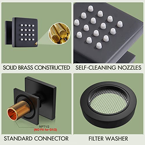 Bostingner Shower Body Spray Jets, Matte Black Brass Square Shower Body Sprayer Spa Massage Showerhead Wall Mount Nozzles NPT 1/2”-4PCS (Matte Black) - Image 4