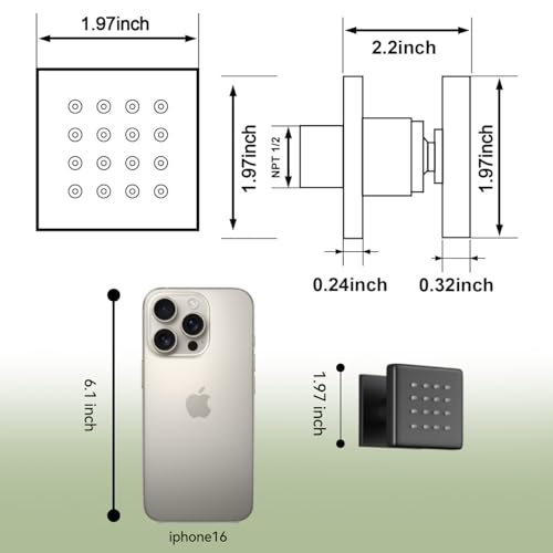 Bostingner Shower Body Spray Jets, Matte Black Brass Square Shower Body Sprayer Spa Massage Showerhead Wall Mount Nozzles NPT 1/2”-4PCS (Matte Black) - Image 5
