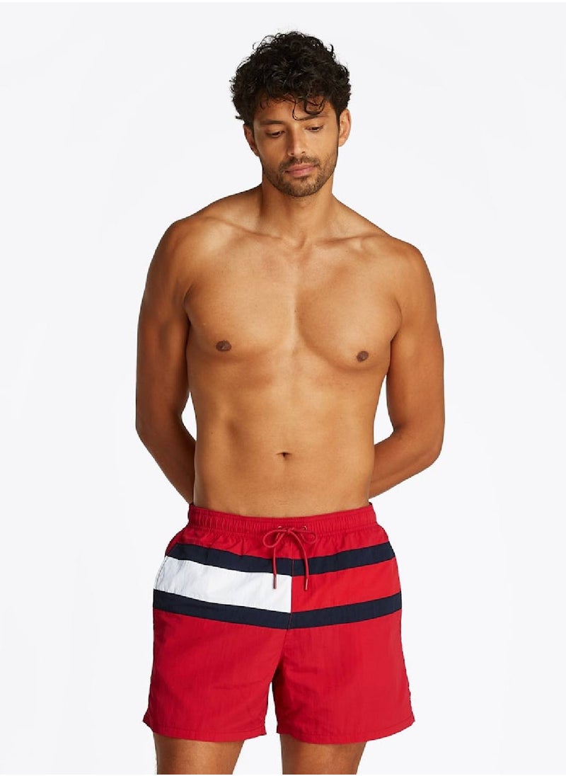 TOMMY HILFIGER Men's Hilfiger Flag Mid Length Swim Shorts - Nylon, Red  - Image 1