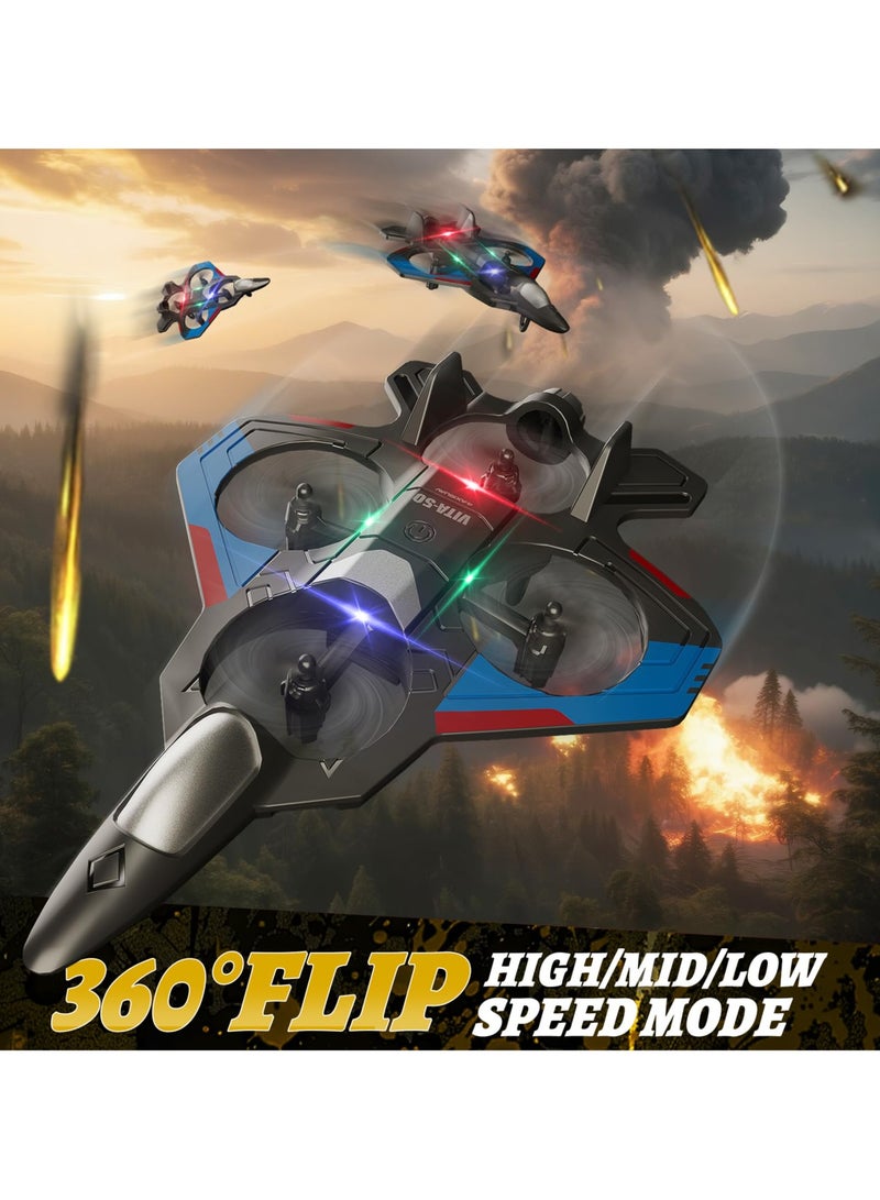 Flushrenic Remote-controlled aircraft, remote-controlled aircraft toy for boys and children who are beginners, remote-controlled aircraft fighter jets, helicopters, and drones for children and adults, 2.4G remote-controlled fighter jet drones, with LED lights, 360° flips, automatic hovering, easy-to-fly remote-controlled aircraft, with 2 batteries, suitable for boys, children's gifts. - Image 3