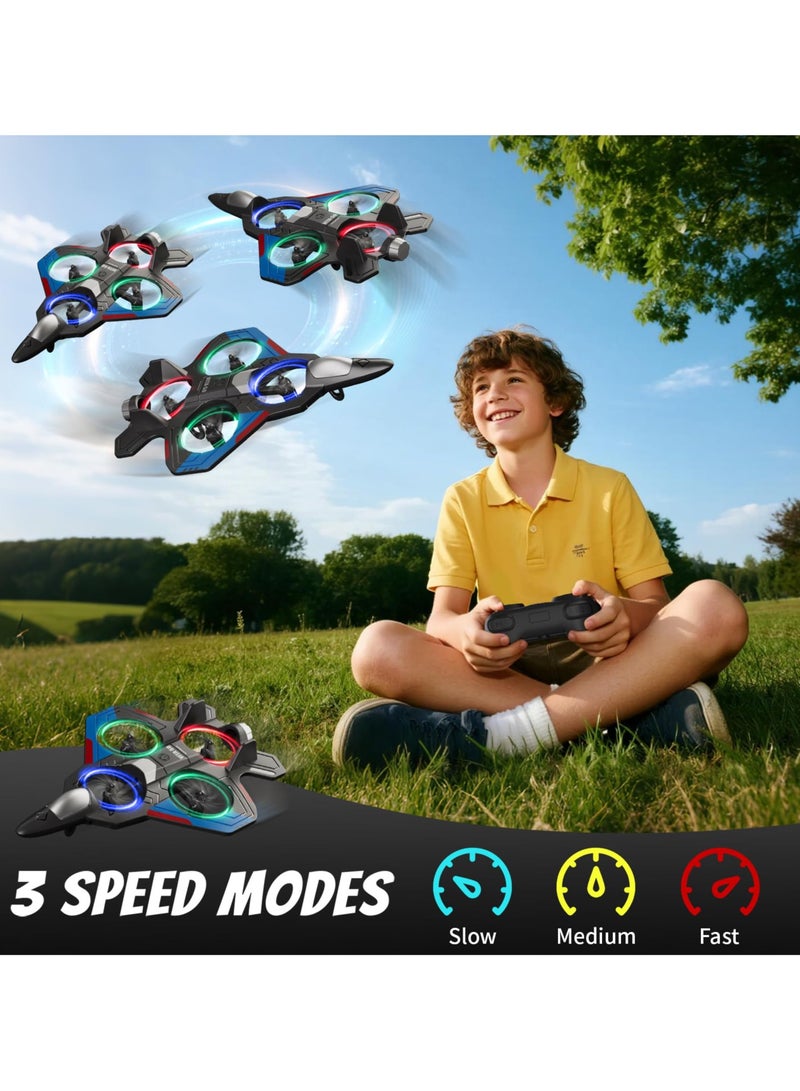 Flushrenic Remote-controlled aircraft, remote-controlled aircraft toy for boys and children who are beginners, remote-controlled aircraft fighter jets, helicopters, and drones for children and adults, 2.4G remote-controlled fighter jet drones, with LED lights, 360° flips, automatic hovering, easy-to-fly remote-controlled aircraft, with 2 batteries, suitable for boys, children's gifts. - Image 4