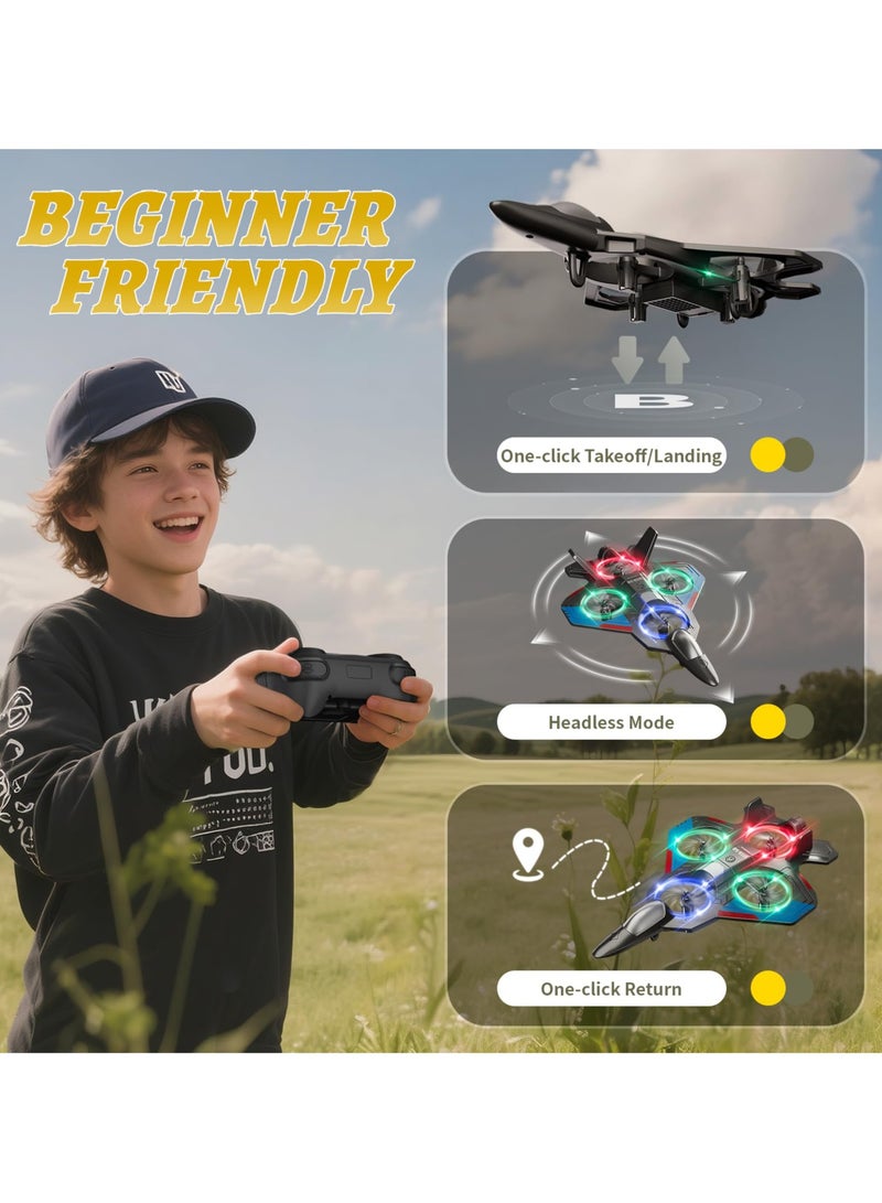 Flushrenic Remote-controlled aircraft, remote-controlled aircraft toy for boys and children who are beginners, remote-controlled aircraft fighter jets, helicopters, and drones for children and adults, 2.4G remote-controlled fighter jet drones, with LED lights, 360° flips, automatic hovering, easy-to-fly remote-controlled aircraft, with 2 batteries, suitable for boys, children's gifts. - Image 5