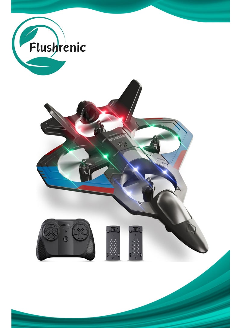 Flushrenic Remote-controlled aircraft, remote-controlled aircraft toy for boys and children who are beginners, remote-controlled aircraft fighter jets, helicopters, and drones for children and adults, 2.4G remote-controlled fighter jet drones, with LED lights, 360° flips, automatic hovering, easy-to-fly remote-controlled aircraft, with 2 batteries, suitable for boys, children's gifts. - Image 1