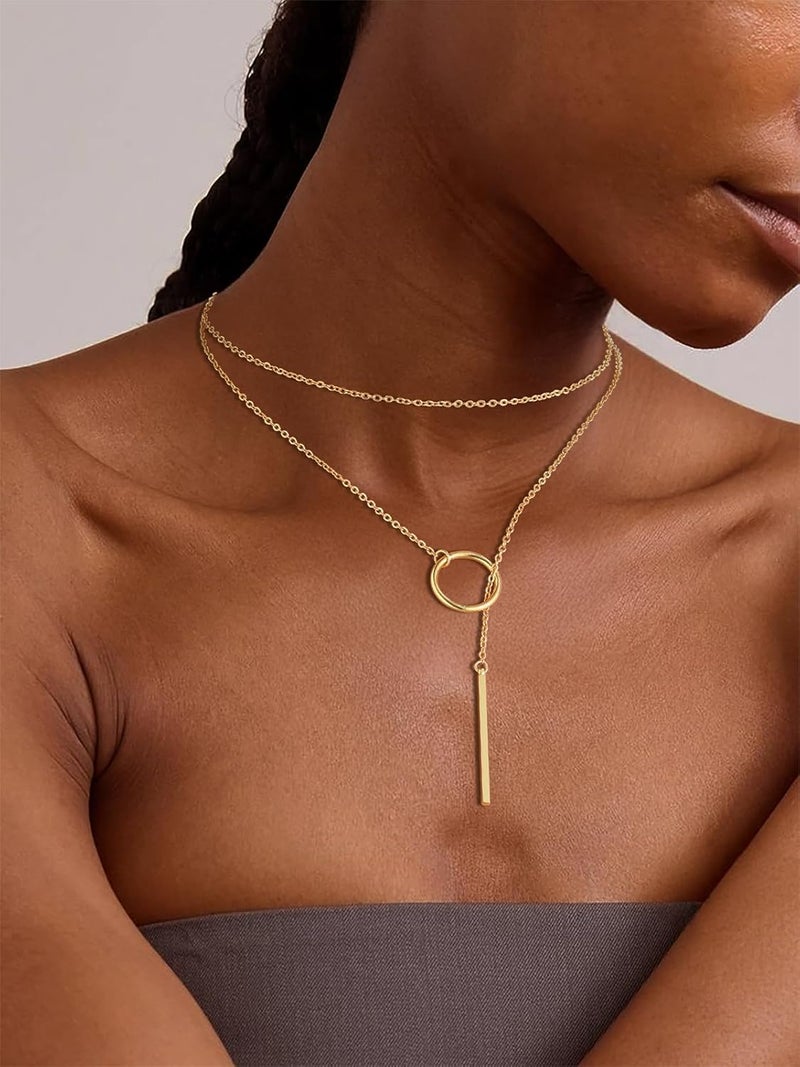 FOCALOOK Long Necklaces for Women 14K Gold Plated Dainty Drop Bar Pendant Lariat Y-Shaped Necklace Earring Set 28inch/73cm - Image 2