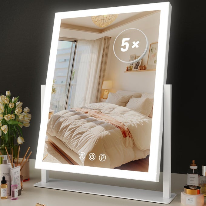 LIGHTED MAKEUP MIRROR 172X136 HOLLYWOOD VANITY MIRROR WITH LIGHTS THREE COLOR MODES SMART TOUCH CONTROL 360ROTATIONWITH 5X MAGNIFYING GLASS