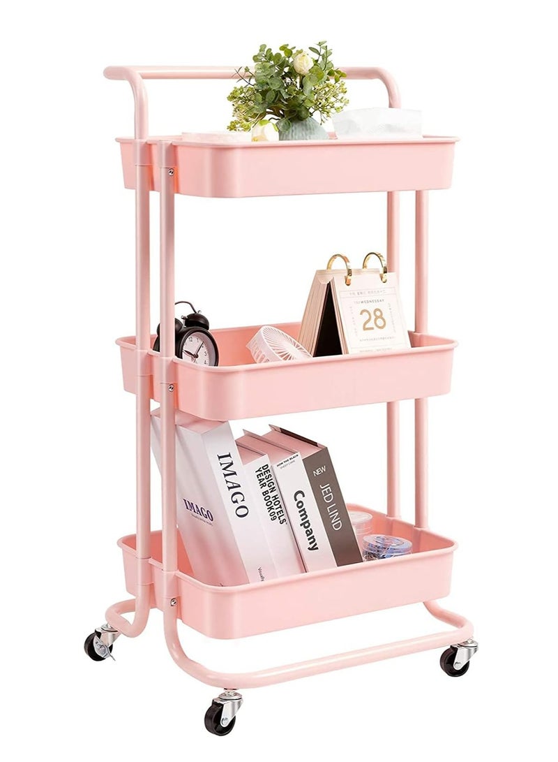 DubaiGallery عربة تخزين متحركة بثلاثة مستويات سعة كبيرة حاملة للأدوات عربة متعددة الاستخدامات رف مع مقابض وعجلات قابلة للقفل للمطبخ، الحمام، غرفة المعيشة - Image 1