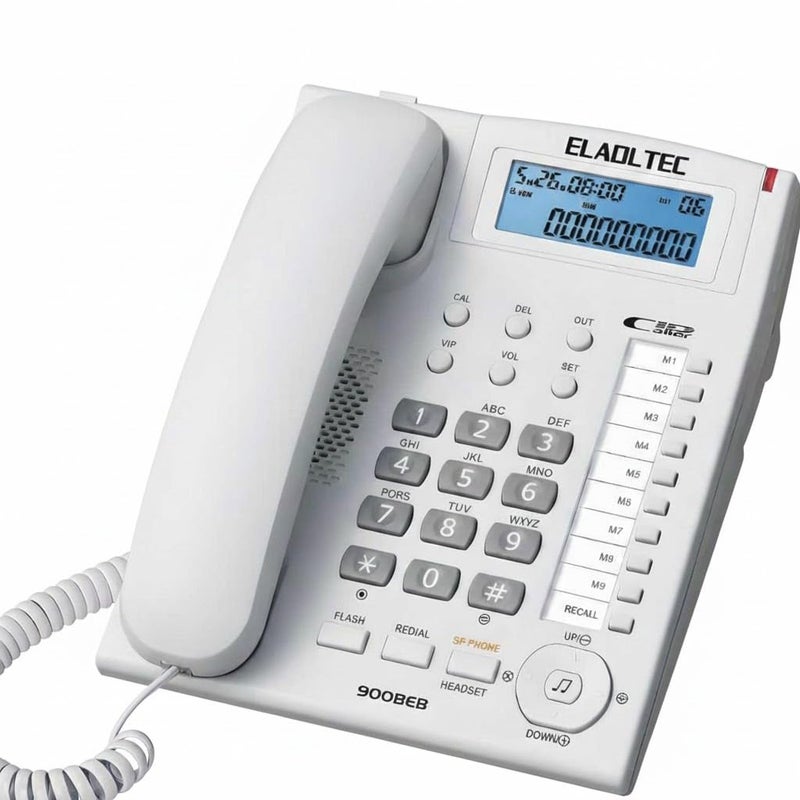 ELADLTEC 900BEB Desktop Landline Phone with LCD Display Caller Detection, White, 9 Button Direct Memory, for Home and Office - Image 1