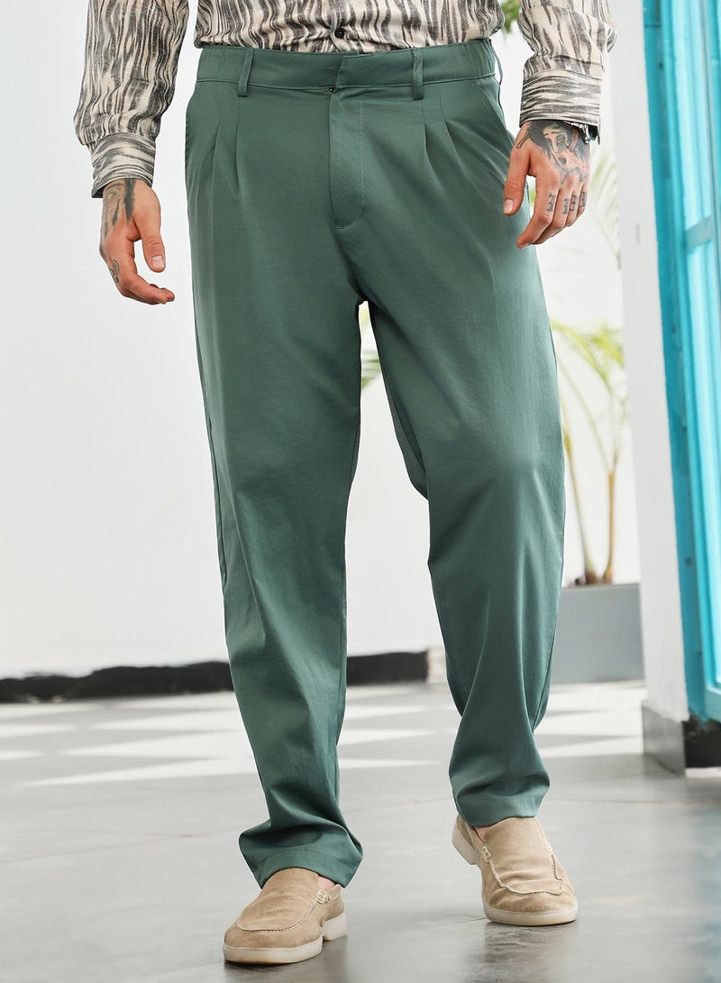 Campus Sutra Campus Sutra Men's Emerald Green Double-Pleated Tailored Trousers | Mid-Rise , Straight Hem , Conceal Button Closure , Relaxed-Fit | Solid Plain | Polyester Blend Trouser For Casual Wear - Image 1