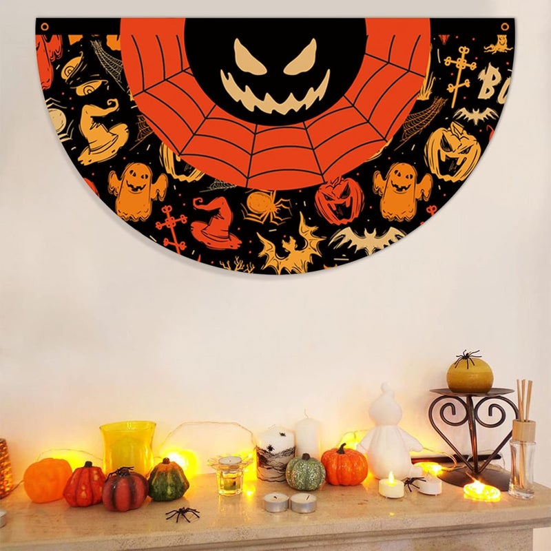 comfrt Halloween Bunting Flags Decor, Halloween Fan-Shaped Flag Hanging Flag, Halloween Decoration Half-Circle Flag, Halloween Ghost Flag for Garden Yard, 45x90cm - Image 2