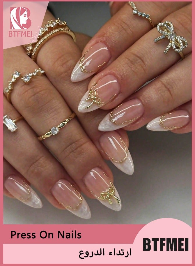 BTFMEI French Gold-Edge Bow Press On Nails, 24PCS Almond Short Fake Nails, Cute Wearable Nails for Women, Reusable Full Cover Nail Tips, Premium DIY Manicure Kit with File & Glue Stickers - Image 1