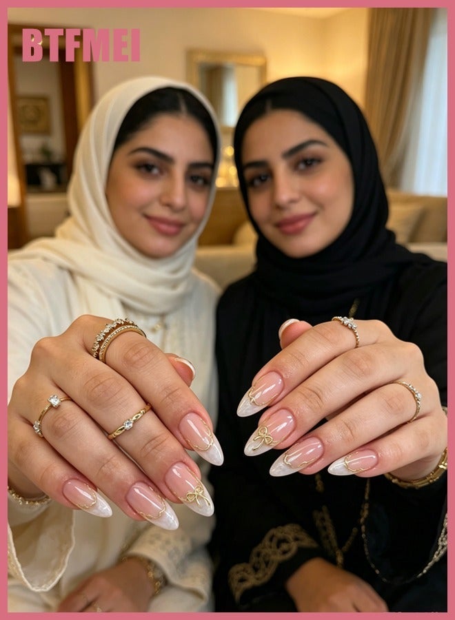 BTFMEI French Gold-Edge Bow Press On Nails, 24PCS Almond Short Fake Nails, Cute Wearable Nails for Women, Reusable Full Cover Nail Tips, Premium DIY Manicure Kit with File & Glue Stickers - Image 2