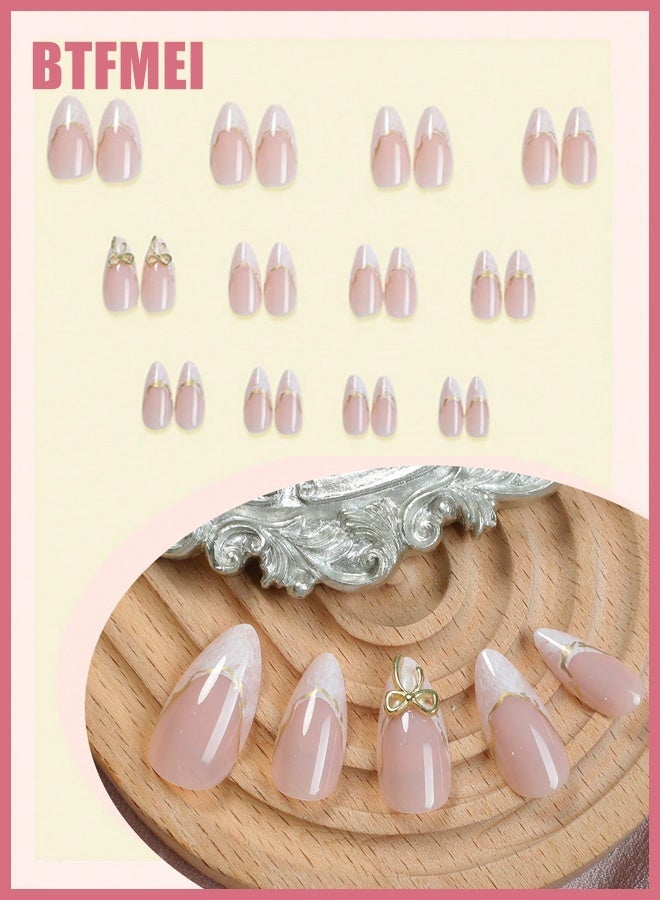BTFMEI French Gold-Edge Bow Press On Nails, 24PCS Almond Short Fake Nails, Cute Wearable Nails for Women, Reusable Full Cover Nail Tips, Premium DIY Manicure Kit with File & Glue Stickers - Image 3