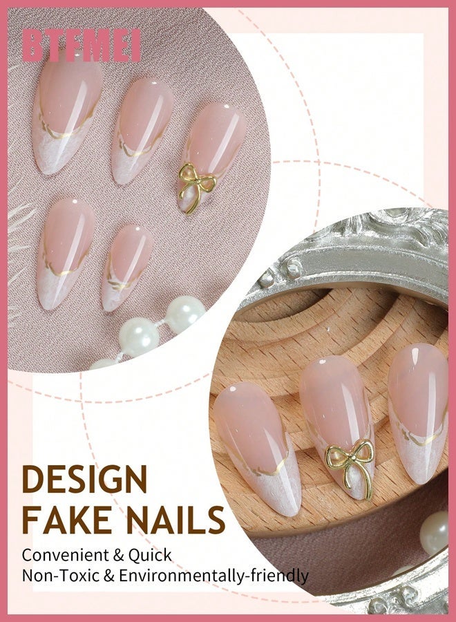 BTFMEI French Gold-Edge Bow Press On Nails, 24PCS Almond Short Fake Nails, Cute Wearable Nails for Women, Reusable Full Cover Nail Tips, Premium DIY Manicure Kit with File & Glue Stickers - Image 4