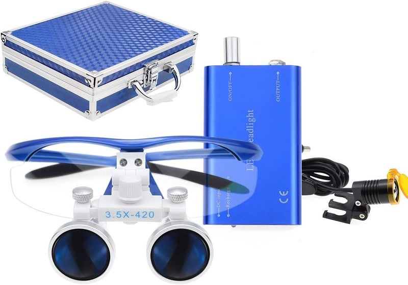 EAST Brand 3.5X 420mm Working Distance Optical Glass Surgical Binocular Loupes and LED Head Light Lamp with Filter Aluminum Box Style (Blue) - Image 1