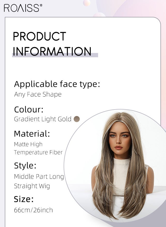 roaiss Gradient Light Gold Long Straight Wig, Women's Middle Parted Soft Synthetic Heat Resistant Layered Wig, Natural Looking Suitable for Wedding, Cosplay Party Daily Wear, 65cm (26 Inches) - Image 3