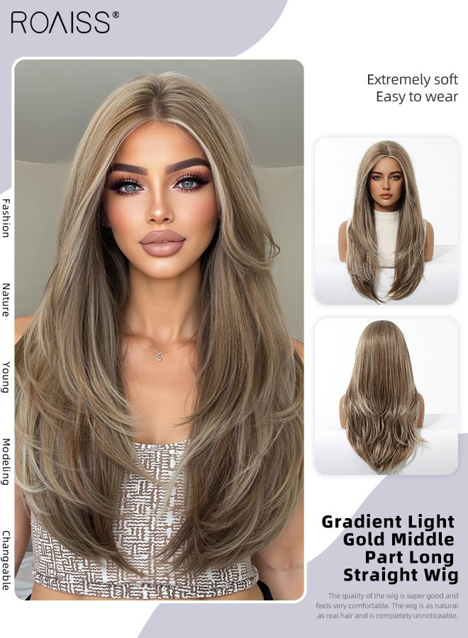 roaiss Gradient Light Gold Long Straight Wig, Women's Middle Parted Soft Synthetic Heat Resistant Layered Wig, Natural Looking Suitable for Wedding, Cosplay Party Daily Wear, 65cm (26 Inches) - Image 1