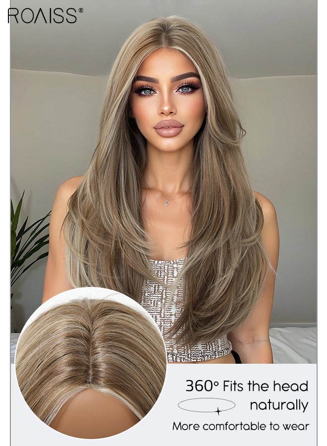 roaiss Gradient Light Gold Long Straight Wig, Women's Middle Parted Soft Synthetic Heat Resistant Layered Wig, Natural Looking Suitable for Wedding, Cosplay Party Daily Wear, 65cm (26 Inches) - Image 4