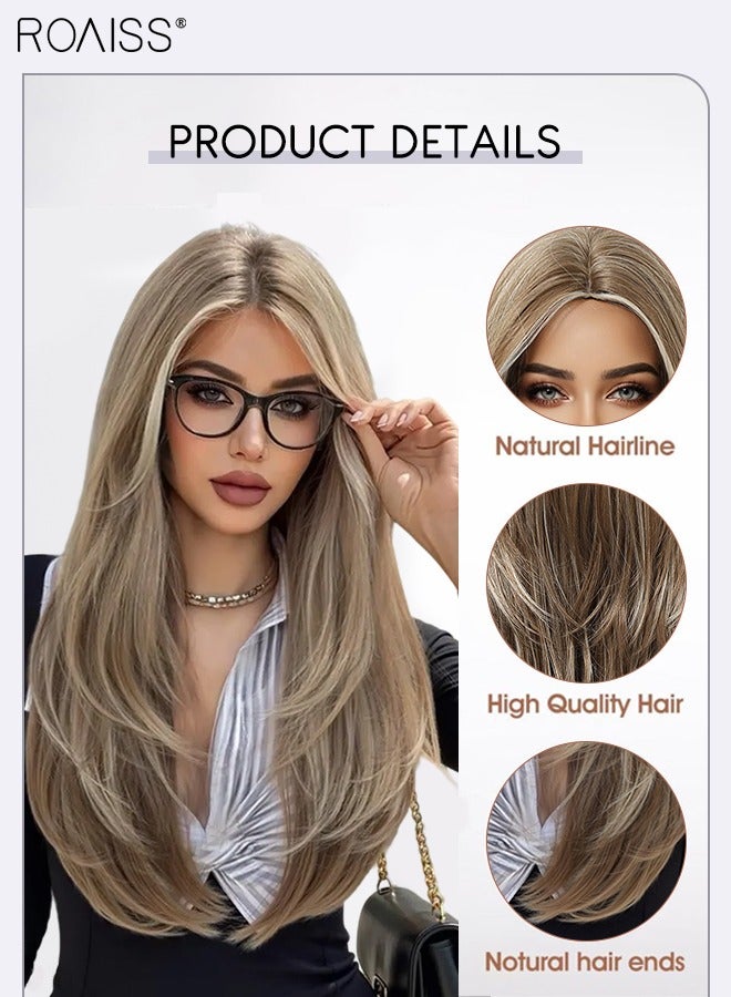 roaiss Gradient Light Gold Long Straight Wig, Women's Middle Parted Soft Synthetic Heat Resistant Layered Wig, Natural Looking Suitable for Wedding, Cosplay Party Daily Wear, 65cm (26 Inches) - Image 5