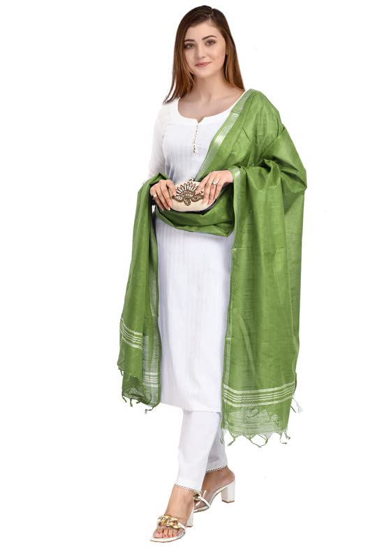 SheenKraft Women's Bhagalpuri Linen Cotton Blend Handloom Dupatta (Stole) with Silver Zari Border_Free Size_Multiple Color Variation 11493_Green - Image 5