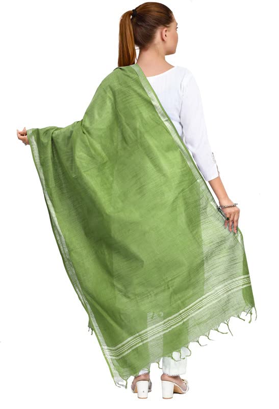 SheenKraft Women's Bhagalpuri Linen Cotton Blend Handloom Dupatta (Stole) with Silver Zari Border_Free Size_Multiple Color Variation 11493_Green - Image 4