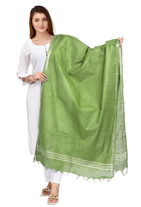 SheenKraft Women's Bhagalpuri Linen Cotton Blend Handloom Dupatta (Stole) with Silver Zari Border_Free Size_Multiple Color Variation 11493_Green - Image 2
