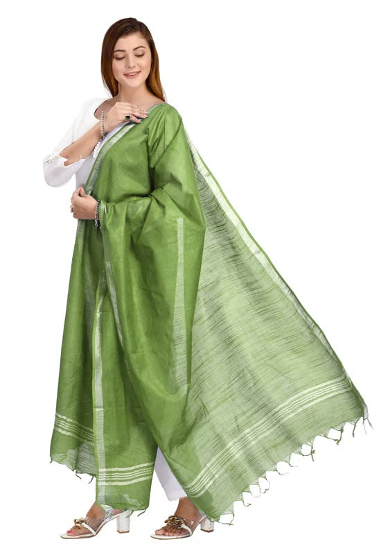 SheenKraft Women's Bhagalpuri Linen Cotton Blend Handloom Dupatta (Stole) with Silver Zari Border_Free Size_Multiple Color Variation 11493_Green - Image 3