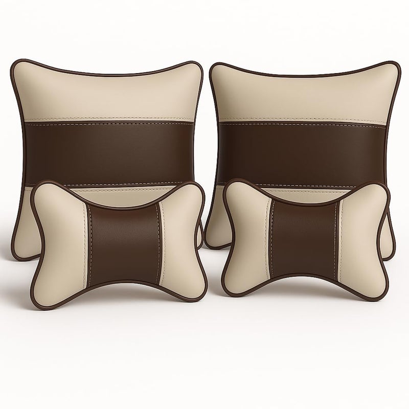 Car Neck Rest Cushions and Pillow Combo(Beige-Brown,Pack of 4)
