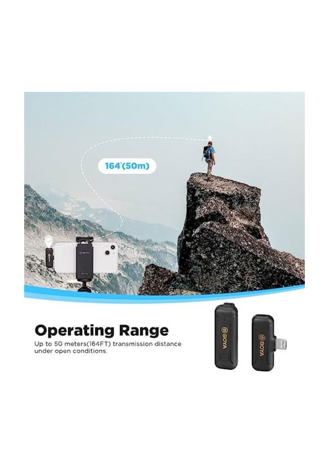 BOYA BY-WM3T2-D1 Wireless Lavalier Microphone for iPhone iPad, 2.4GHz Plug Play Lapel Clip-on Mic Cordless Omnidirectional Mini Condenser Mic for Interview Video Podcast Vlog YouTube Recording TX+RX