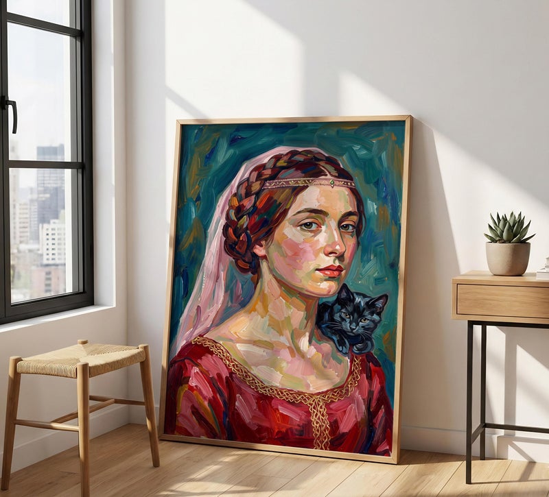 TNESSENTIAL Expressionist Woman Portrait – Black Cat Painting Print, Colorful Impasto Wall Art, Renaissance Lady Decor, Abstract Female Cat Poster - Image 4