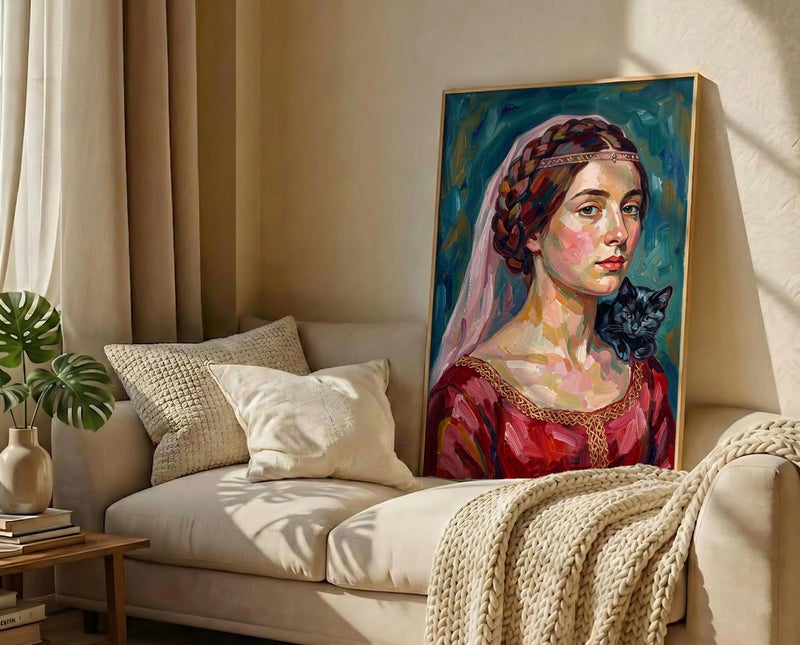 TNESSENTIAL Expressionist Woman Portrait – Black Cat Painting Print, Colorful Impasto Wall Art, Renaissance Lady Decor, Abstract Female Cat Poster - Image 3