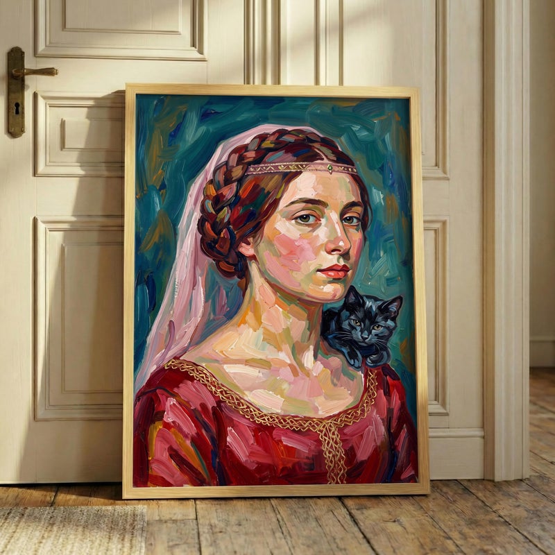 TNESSENTIAL Expressionist Woman Portrait – Black Cat Painting Print, Colorful Impasto Wall Art, Renaissance Lady Decor, Abstract Female Cat Poster - Image 1