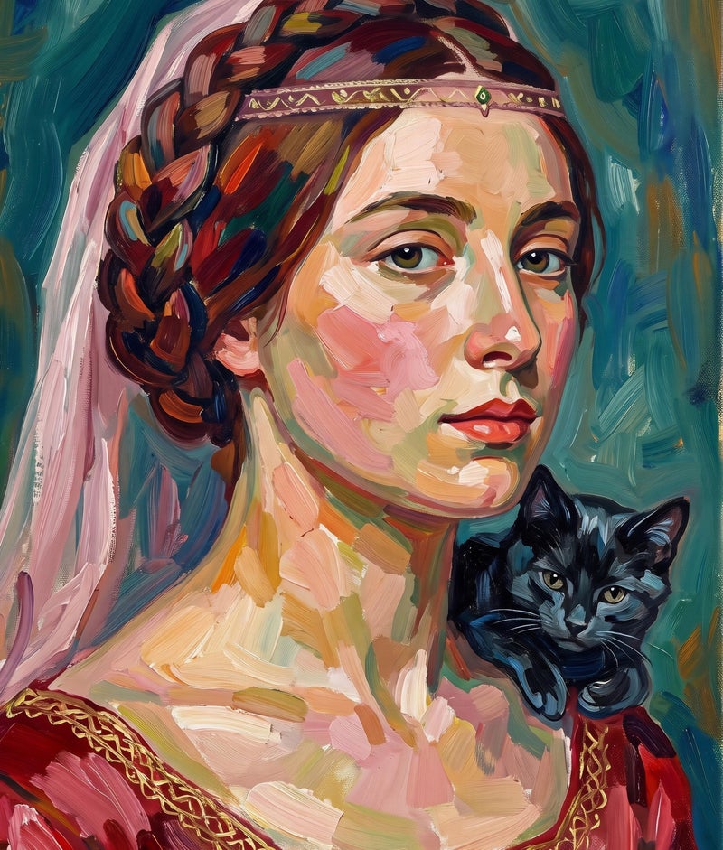 TNESSENTIAL Expressionist Woman Portrait – Black Cat Painting Print, Colorful Impasto Wall Art, Renaissance Lady Decor, Abstract Female Cat Poster - Image 2