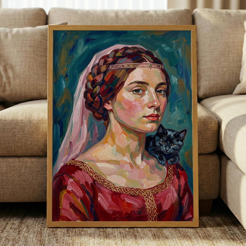 TNESSENTIAL Expressionist Woman Portrait – Black Cat Painting Print, Colorful Impasto Wall Art, Renaissance Lady Decor, Abstract Female Cat Poster - Image 5