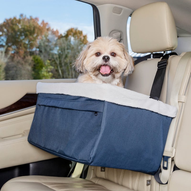 PetSafe Happy Ride Booster Seat for Dogs Open Road Comfort Safe Tether System Zipper Pouch Dog Seat Machine Washable Fleece Liner Easy Install Design Navy Up to 25 lb