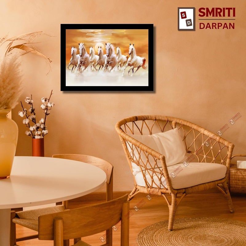 Smriti Darpan إطار صورة سبعة خيول بيضاء عداءة سمريتي داربان مع غروب الشمس البرتقالي المحظوظ فن فاستو مع إطار خشبي أسود أنيق - Image 3
