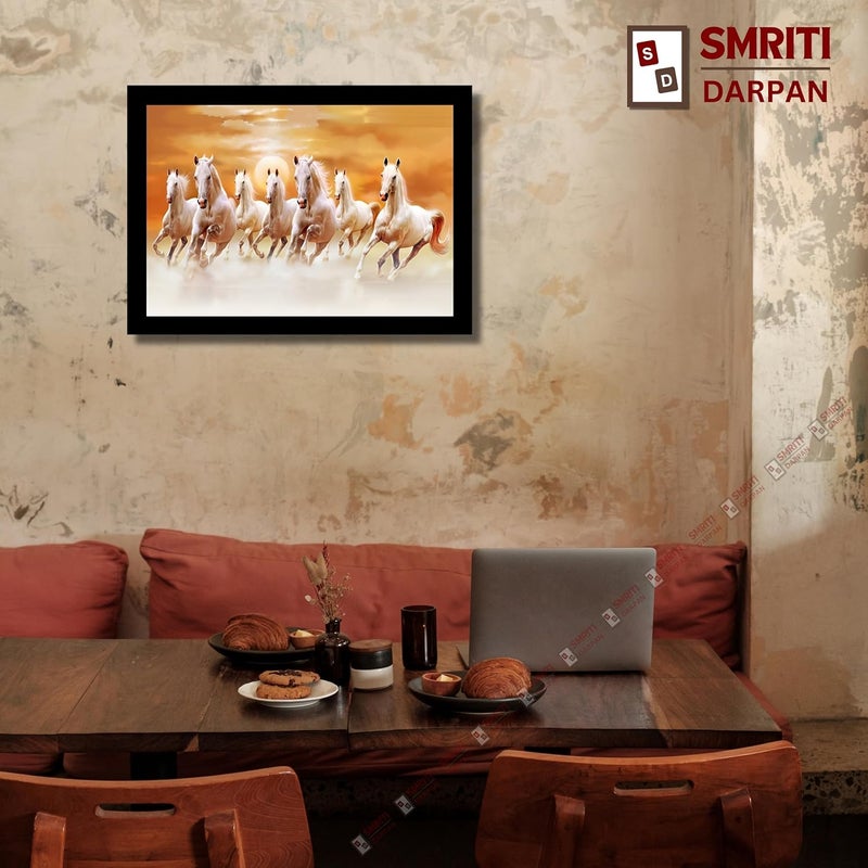 Smriti Darpan إطار صورة سبعة خيول بيضاء عداءة سمريتي داربان مع غروب الشمس البرتقالي المحظوظ فن فاستو مع إطار خشبي أسود أنيق - Image 2