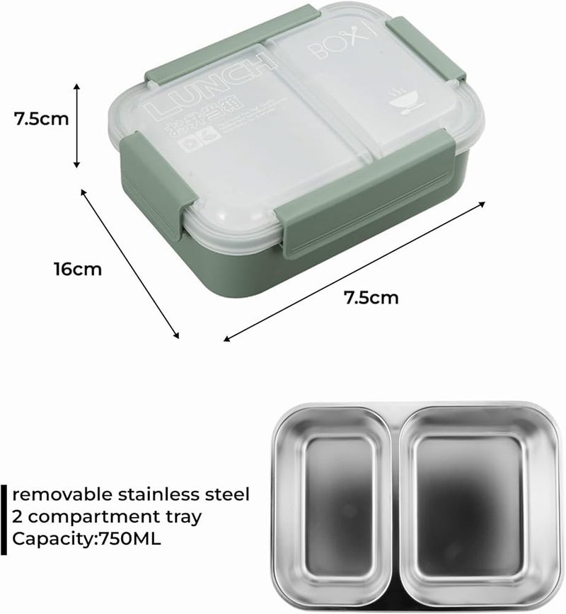 BrainGiggles Stainless Steel Bento Lunch Box – Leakproof, 2 Compartments, Removable Tray, BPA-Free, 750ml Bento Box Green Lunchbox for Kids & Adults Steel TiffinBox for School & Office - Image 5