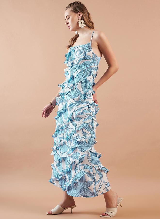 مرفوعة فستان طويل بطبعة استوائية وكشكش بحمالات - Image 5