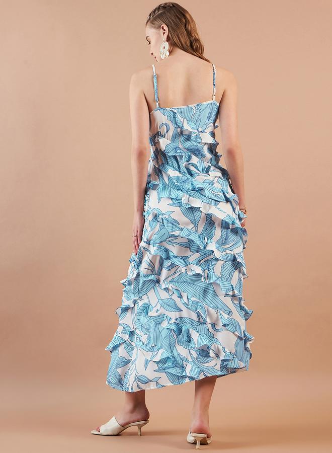 مرفوعة فستان طويل بطبعة استوائية وكشكش بحمالات - Image 4
