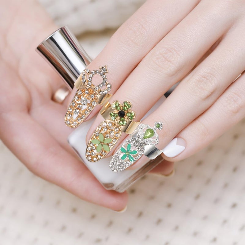 KALLORY 10pcs Ring Punk Full Finger for Flower Crystal Rings Nails Art Jewelries Opening Cap Fingernail Alloy Cover Halloween Christmas Nail Loop Girls Bow Tip Decoration - Image 3