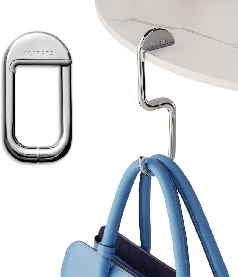 KLIPSTA FLIP Bag Hook - Newly Redesigned. Portable Purse Hanger for Table with Magnetic Closure. Now Holds up to 50 lbs. Gifts for Women, Stocking Stuffers (Silver) - Image 1