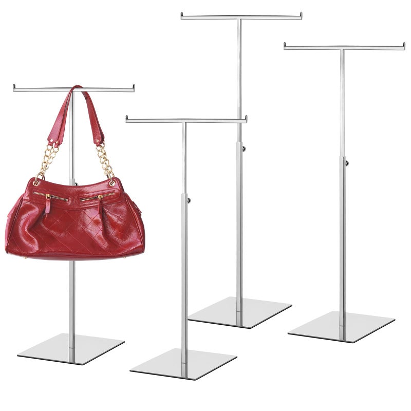 Leinuosen 4 Pcs Tabletop Purse Display Stand Metal T Bar Handbag Display Stand Holder Adjustable Height Double Hook Hanging Jewelry Stands for Home Store Boutique CounterSilver