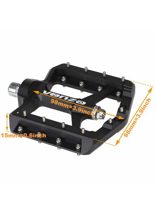 Venzo Flat Mountain BMX MTB CNC Bike Sealed Oversized Bearing Pedals - Large Bicycle Platform -98mm x 98mm- 15mm Thickness - Pedals 9/16" with Anti-Skid Anti-Slip Nail - Downhill - Image 2