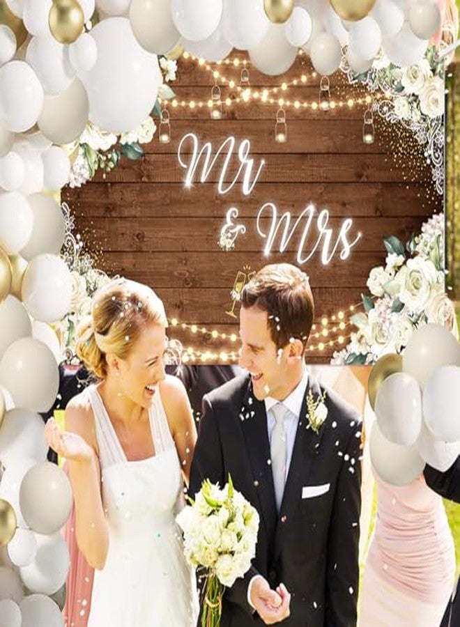 MEHOFOND Floral Mr & Mrs Engagement Decorations, White and Gold Balloon Kit with Wedding Wooden Background for Wedding Bride and Groom Engaged Ceremony Anniversary Bridal Shower Party Supplies Decor - Image 3