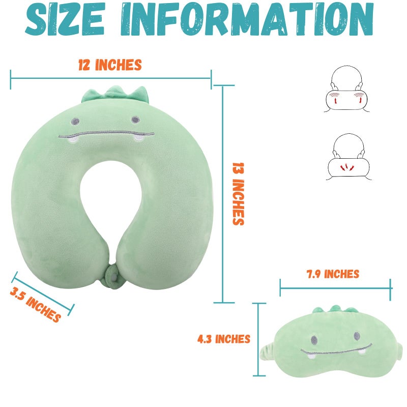 MissSoul Kids Neck Pillow for Travel with Sleep Eye Mask, Cute Travel Neck Pillow, Memory Foam Flight Sleeping Headrest Pillow for Boys & Girls, Airplane, Train, Car, Home Use - Green Dinosaur - Image 2