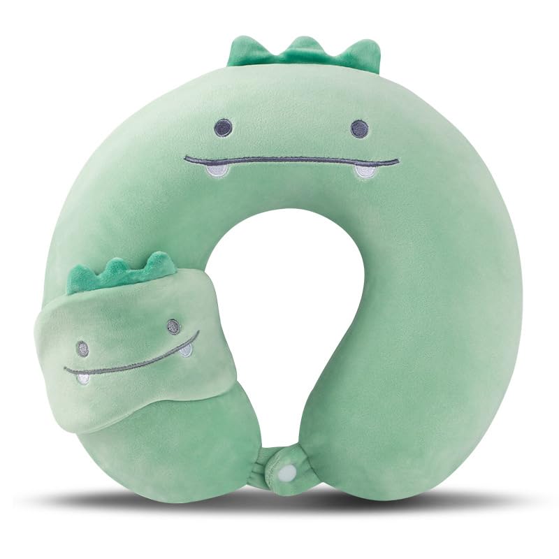 MissSoul Kids Neck Pillow for Travel with Sleep Eye Mask, Cute Travel Neck Pillow, Memory Foam Flight Sleeping Headrest Pillow for Boys & Girls, Airplane, Train, Car, Home Use - Green Dinosaur - Image 1