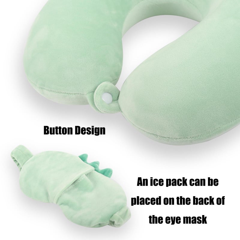 MissSoul Kids Neck Pillow for Travel with Sleep Eye Mask, Cute Travel Neck Pillow, Memory Foam Flight Sleeping Headrest Pillow for Boys & Girls, Airplane, Train, Car, Home Use - Green Dinosaur - Image 3
